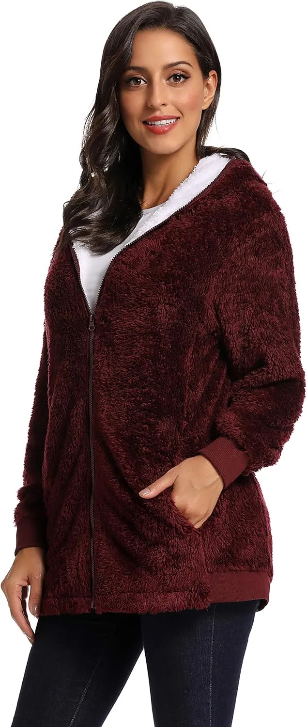 Fleece Coat for Women,Women's Oversized Zip Up Hooded Jacket Winter Plus Size Sherpa Coat