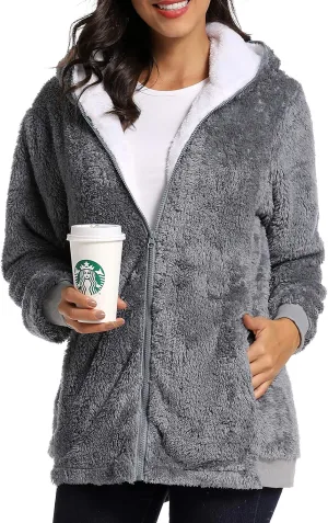 Fleece Coat for Women,Women's Oversized Zip Up Hooded Jacket Winter Plus Size Sherpa Coat