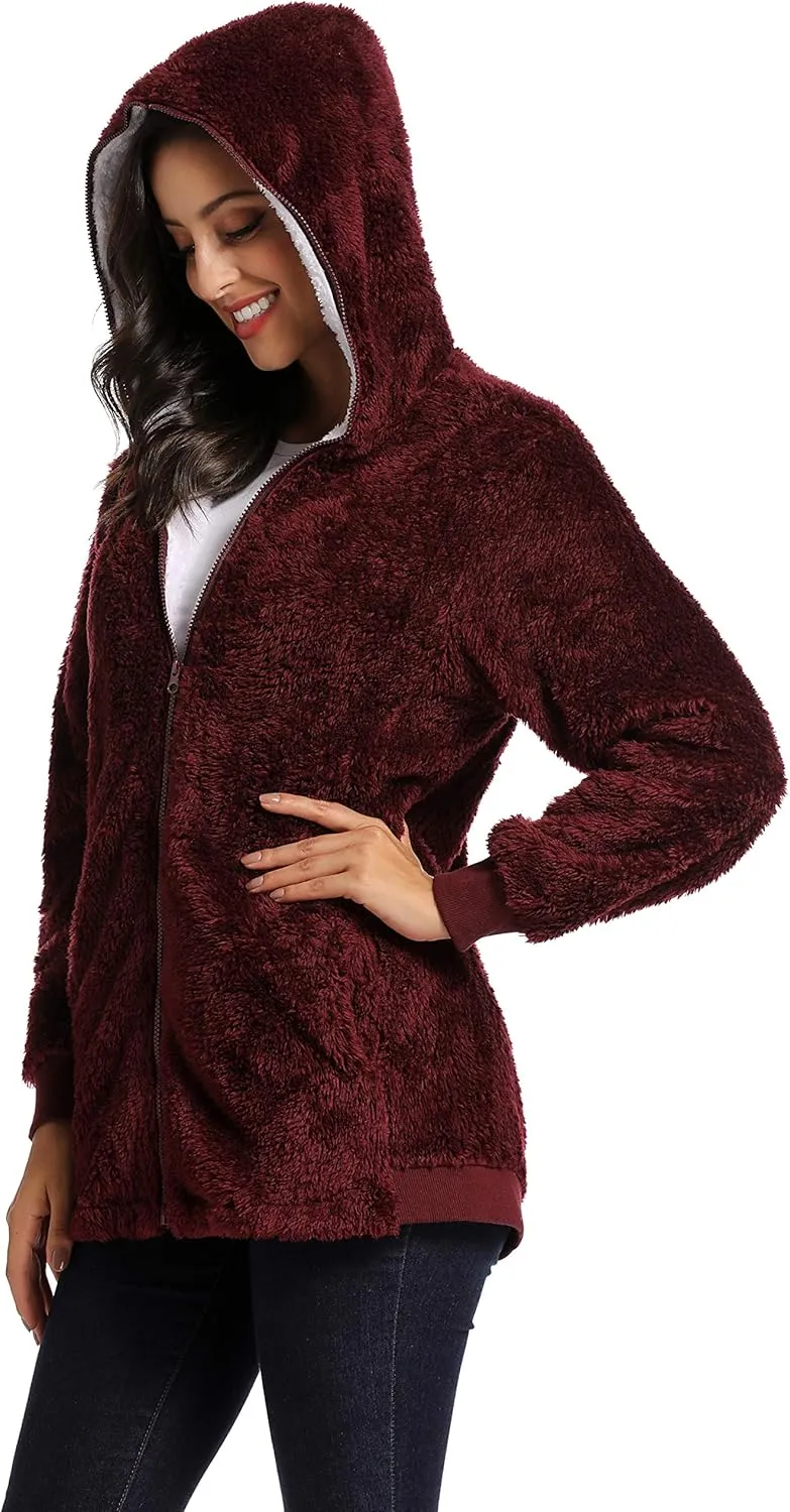 Fleece Coat for Women,Women's Oversized Zip Up Hooded Jacket Winter Plus Size Sherpa Coat