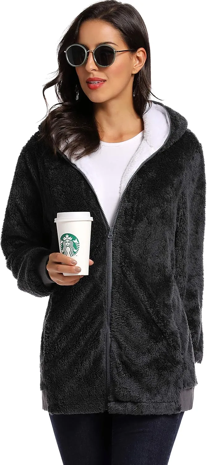 Fleece Coat for Women,Women's Oversized Zip Up Hooded Jacket Winter Plus Size Sherpa Coat