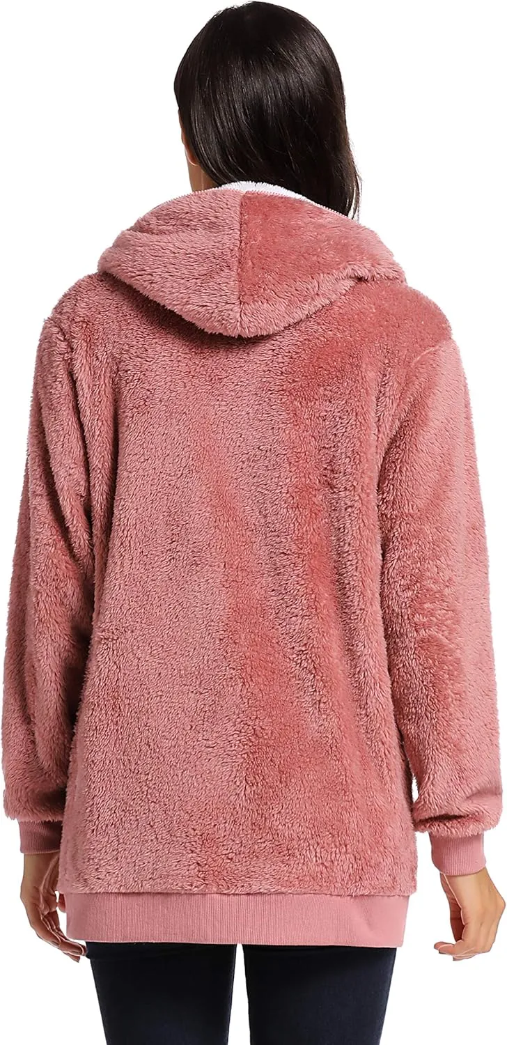 Fleece Coat for Women,Women's Oversized Zip Up Hooded Jacket Winter Plus Size Sherpa Coat