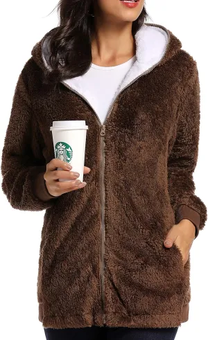 Fleece Coat for Women,Women's Oversized Zip Up Hooded Jacket Winter Plus Size Sherpa Coat