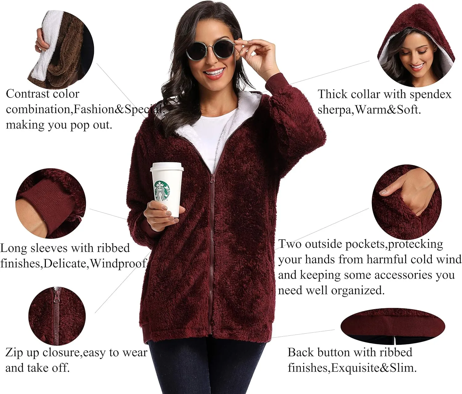 Fleece Coat for Women,Women's Oversized Zip Up Hooded Jacket Winter Plus Size Sherpa Coat