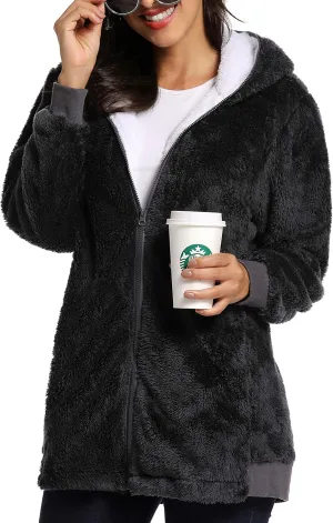 Fleece Coat for Women,Women's Oversized Zip Up Hooded Jacket Winter Plus Size Sherpa Coat
