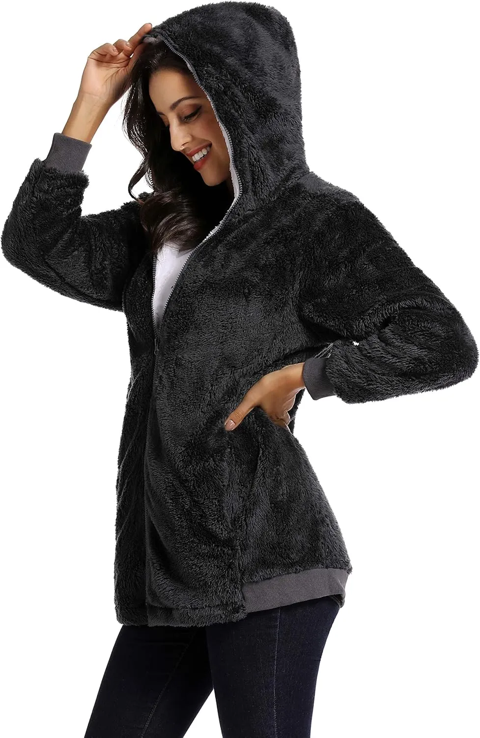 Fleece Coat for Women,Women's Oversized Zip Up Hooded Jacket Winter Plus Size Sherpa Coat