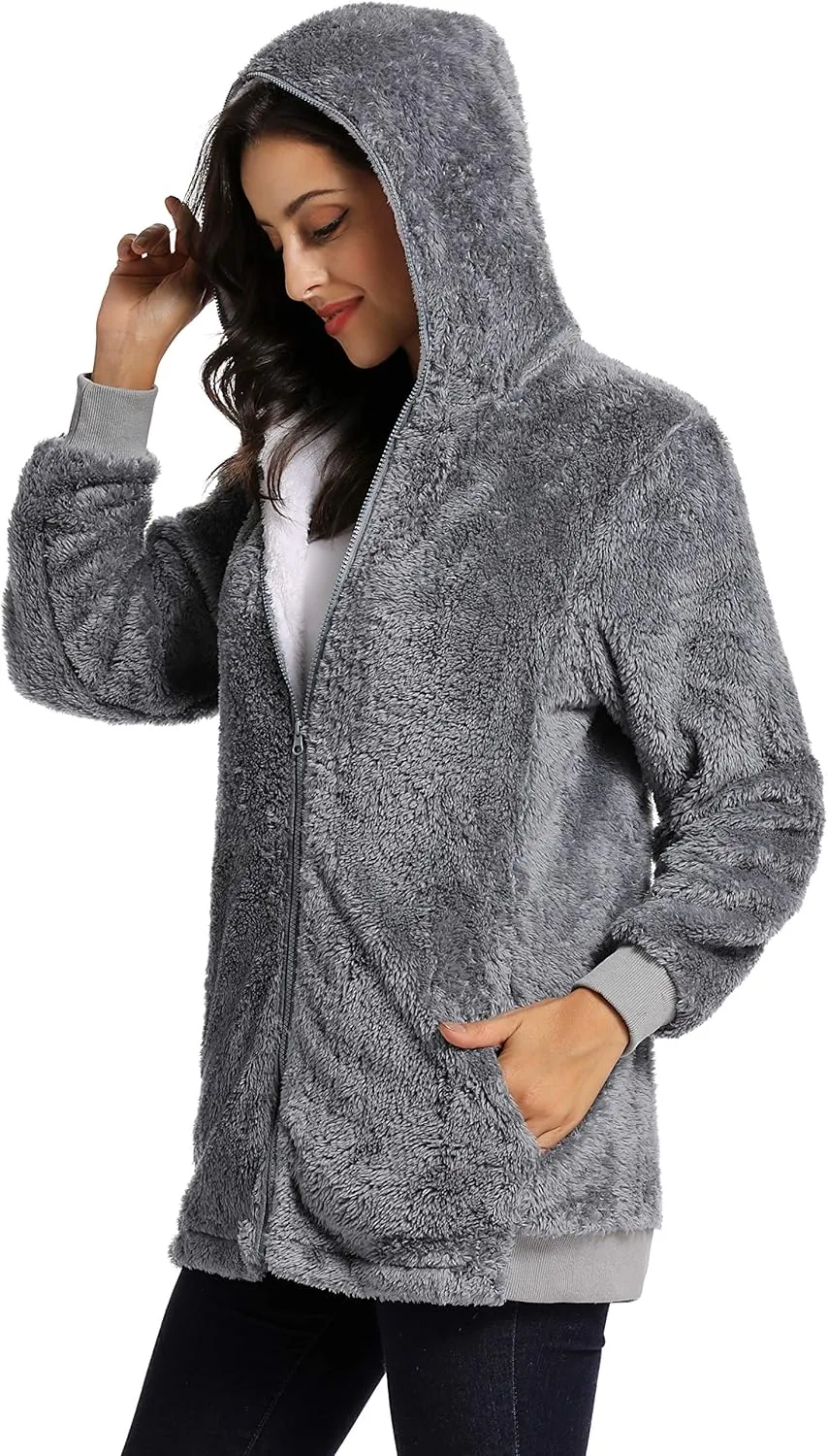 Fleece Coat for Women,Women's Oversized Zip Up Hooded Jacket Winter Plus Size Sherpa Coat