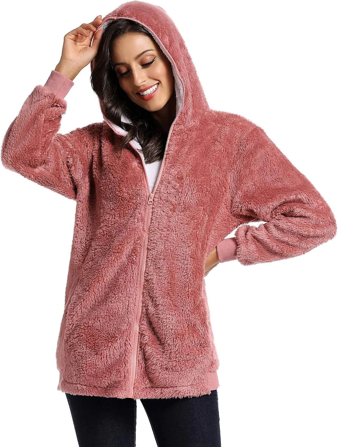 Fleece Coat for Women,Women's Oversized Zip Up Hooded Jacket Winter Plus Size Sherpa Coat