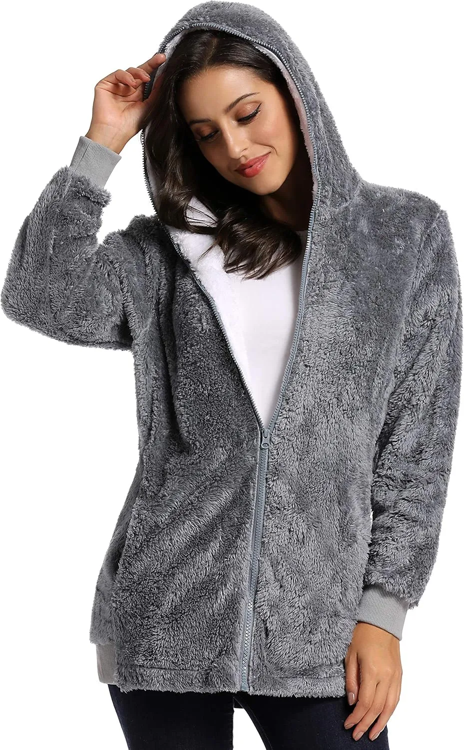 Fleece Coat for Women,Women's Oversized Zip Up Hooded Jacket Winter Plus Size Sherpa Coat