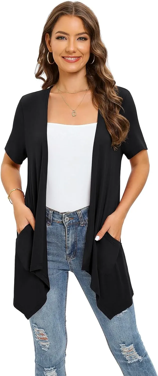 Floral Short Sleeve Cardigans for Women Casual Drape Open Front Lightweight Summer Cardigan with Pocket High Low Hem