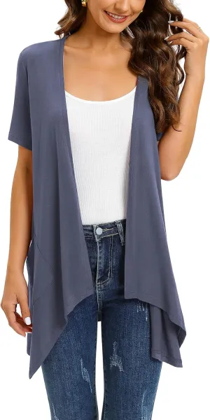 Floral Short Sleeve Cardigans for Women Casual Drape Open Front Lightweight Summer Cardigan with Pocket High Low Hem