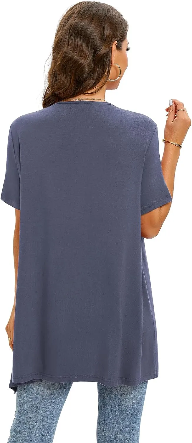 Floral Short Sleeve Cardigans for Women Casual Drape Open Front Lightweight Summer Cardigan with Pocket High Low Hem