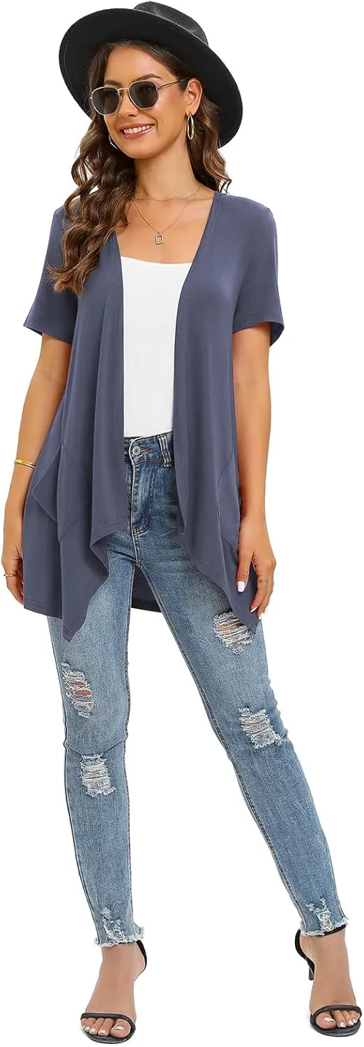 Floral Short Sleeve Cardigans for Women Casual Drape Open Front Lightweight Summer Cardigan with Pocket High Low Hem
