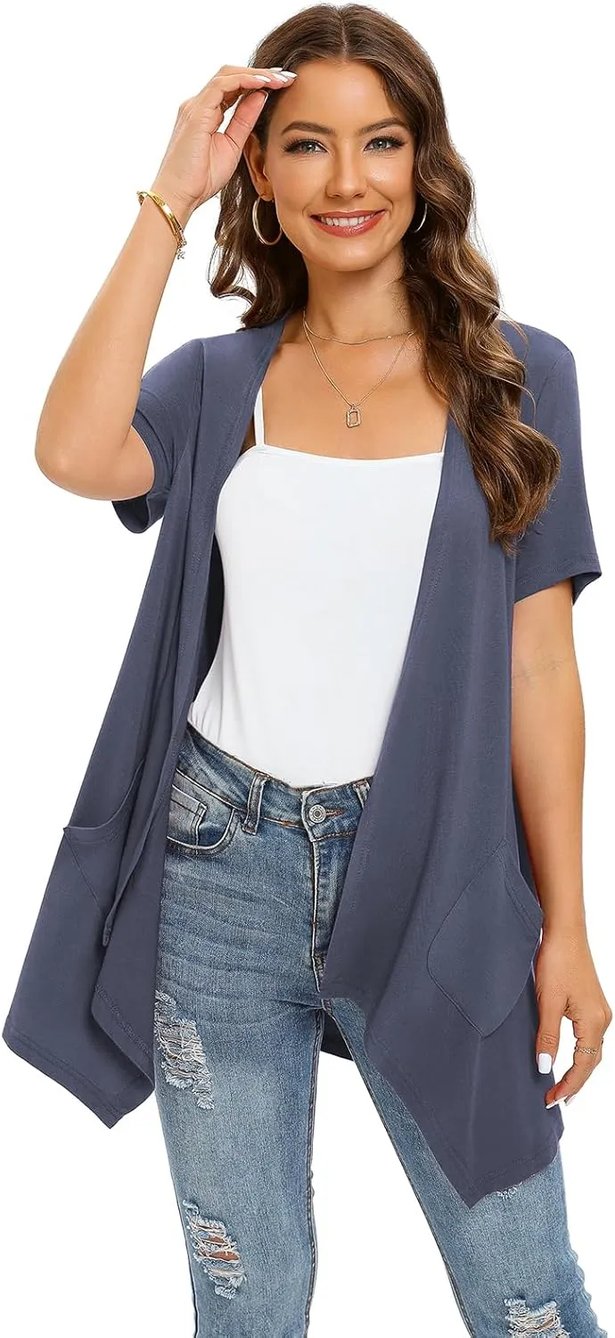 Floral Short Sleeve Cardigans for Women Casual Drape Open Front Lightweight Summer Cardigan with Pocket High Low Hem