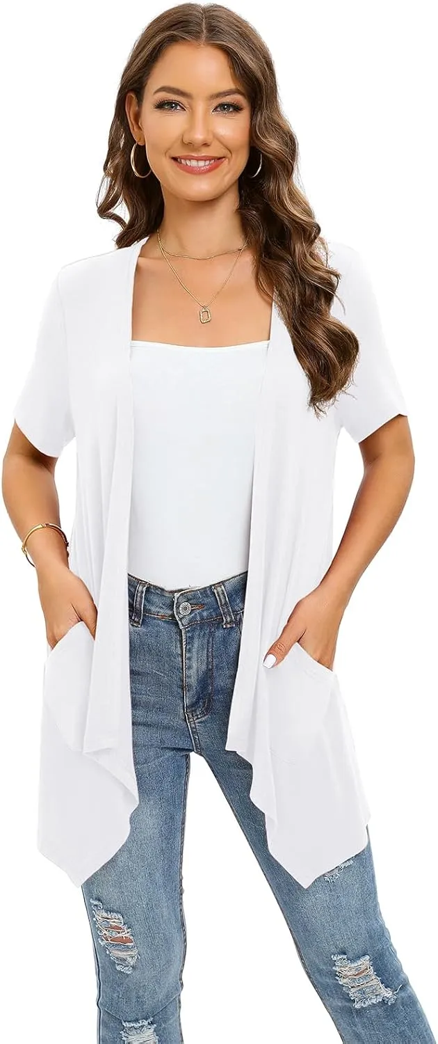 Floral Short Sleeve Cardigans for Women Casual Drape Open Front Lightweight Summer Cardigan with Pocket High Low Hem