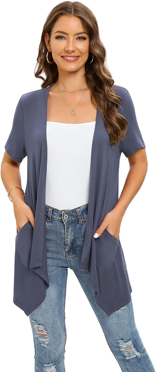Floral Short Sleeve Cardigans for Women Casual Drape Open Front Lightweight Summer Cardigan with Pocket High Low Hem