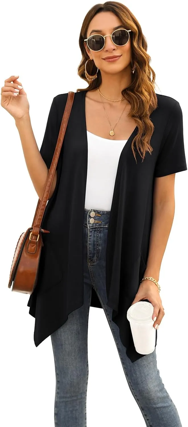 Floral Short Sleeve Cardigans for Women Casual Drape Open Front Lightweight Summer Cardigan with Pocket High Low Hem
