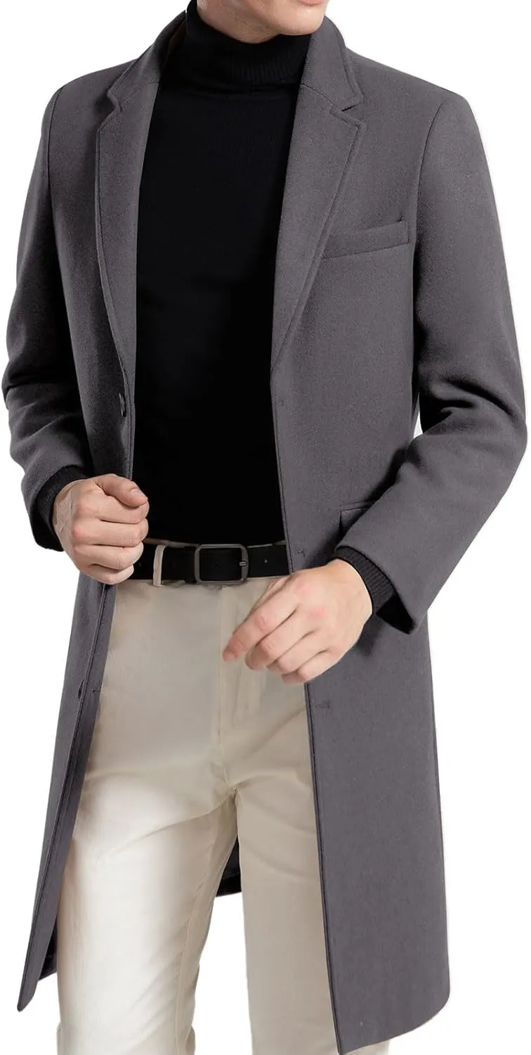 FTIMILD Mens Wool Blend Coat Notch Lapel Single Breasted Long Trench Coat Winter Overcoat with Pockets