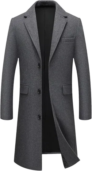 FTIMILD Mens Wool Blend Coat Notch Lapel Single Breasted Long Trench Coat Winter Overcoat with Pockets