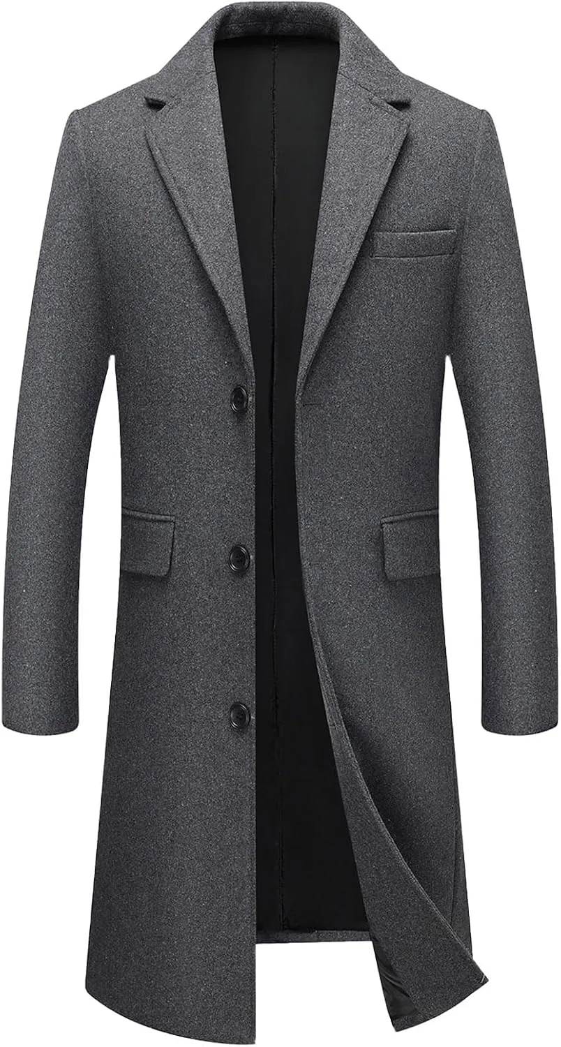 FTIMILD Mens Wool Blend Coat Notch Lapel Single Breasted Long Trench Coat Winter Overcoat with Pockets