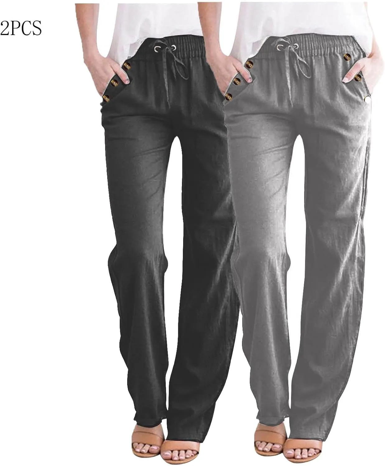 FZYLQY Ladies Linen Straight Leg Trousers High Rise Drawstring Button Pocket Pants Lightweight Slacks for Summer 2025