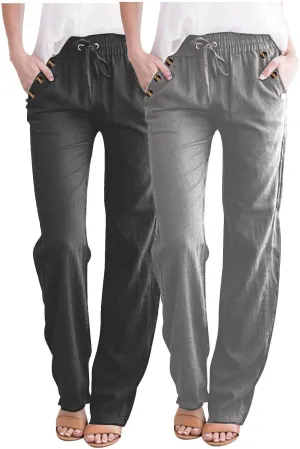 FZYLQY Ladies Linen Straight Leg Trousers High Rise Drawstring Button Pocket Pants Lightweight Slacks for Summer 2025