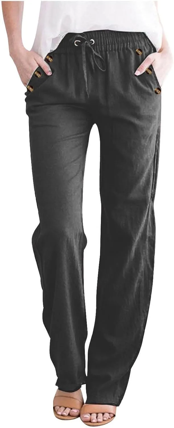 FZYLQY Ladies Linen Straight Leg Trousers High Rise Drawstring Button Pocket Pants Lightweight Slacks for Summer 2025