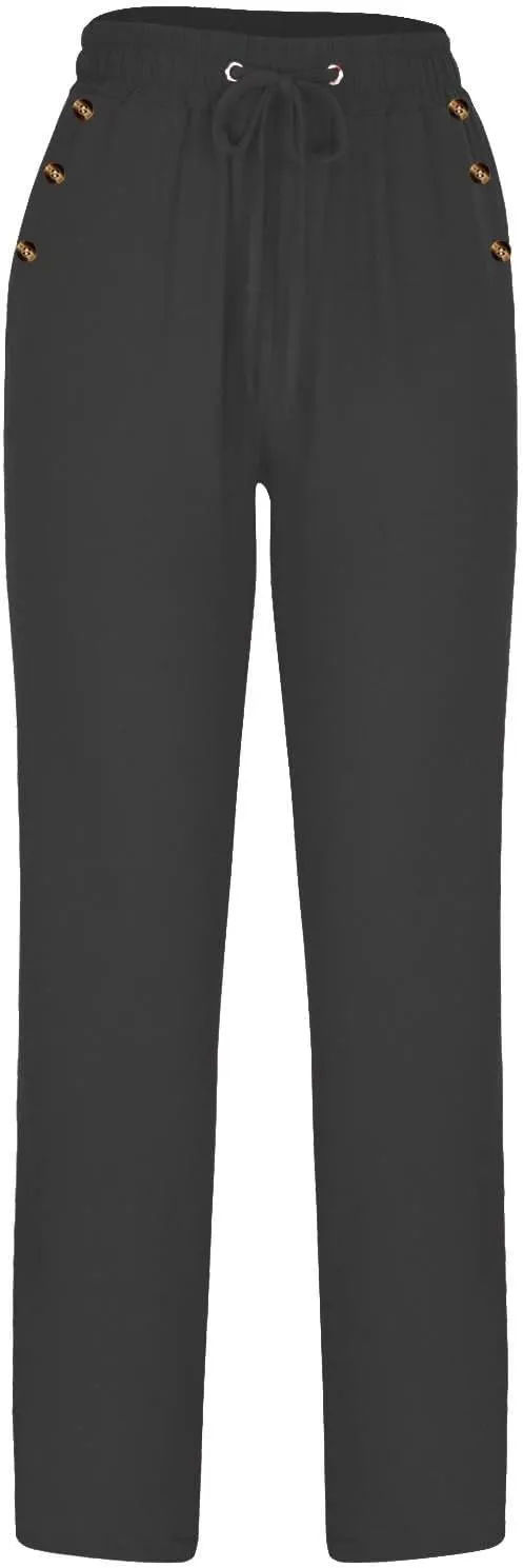 FZYLQY Ladies Linen Straight Leg Trousers High Rise Drawstring Button Pocket Pants Lightweight Slacks for Summer 2025