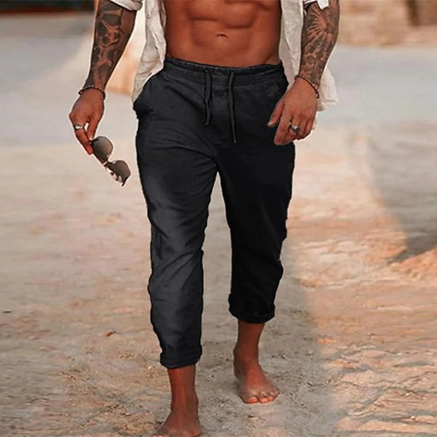 GIERIDUC Mens Stretch Waist Cargo Pants Mens Sweatpants Zipper Pockets Mens Smart Trousers Slim Fit Mens Leather Faux Pants