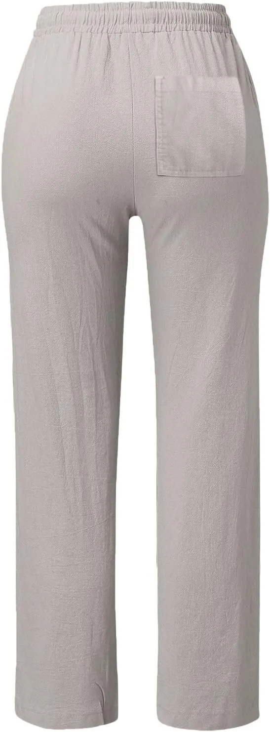 GIERIDUC Womens Casual Cotton Linen Pants Lightweight Summer Loose Fit Palazzo Elastic Waist Plus Size Solid Lounge Trousers