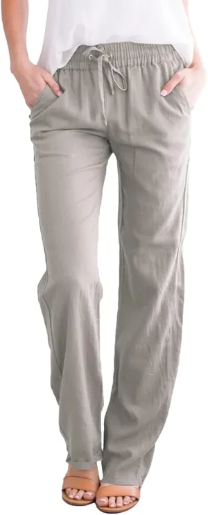 GIERIDUC Womens Casual Cotton Linen Pants Lightweight Summer Loose Fit Palazzo Elastic Waist Plus Size Solid Lounge Trousers