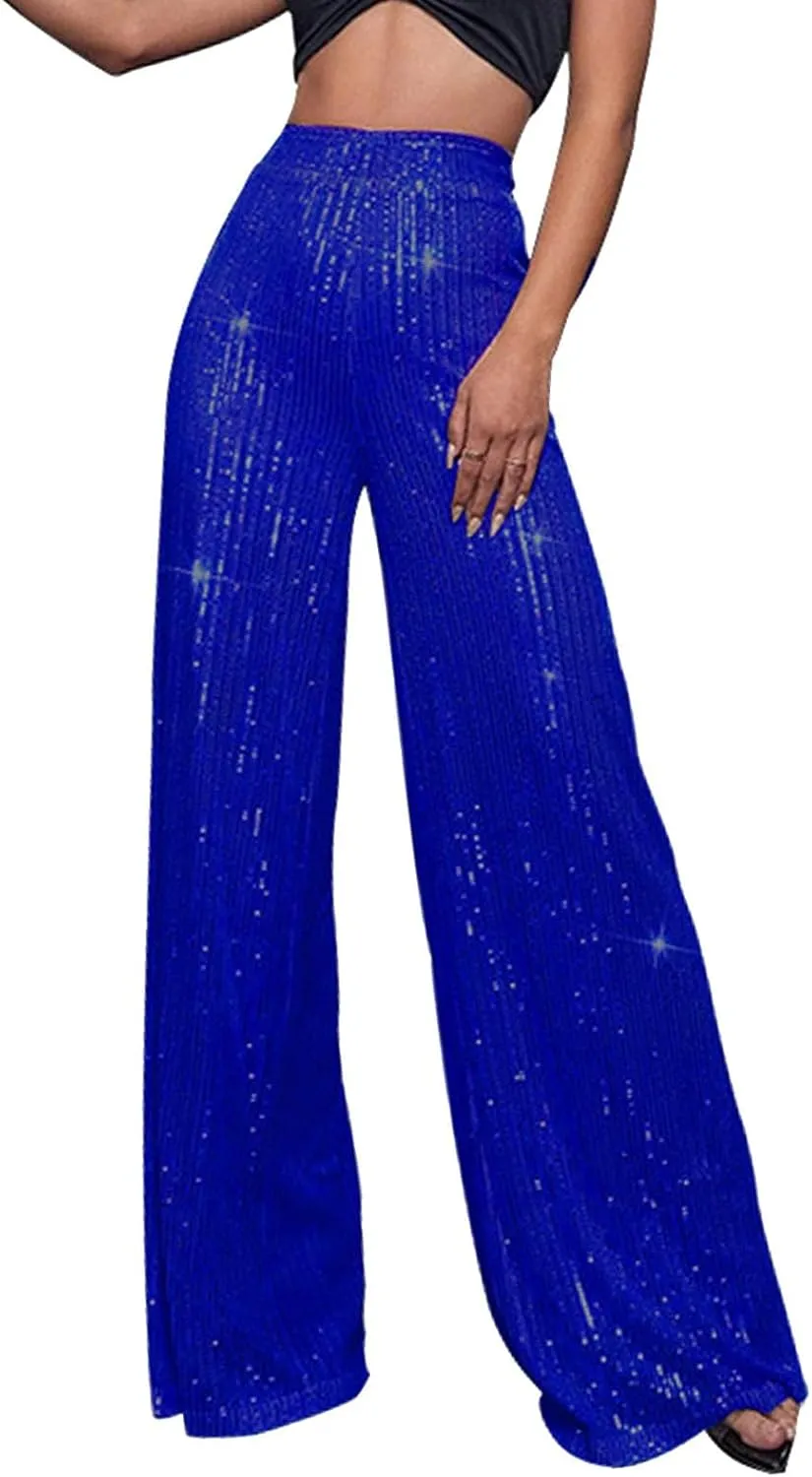 GOKKILRW Sequin Pant for Women Sparkly Glitter High Waist Wide Leg Slacks 70s Disco Party Night Club Trouser Shinny Buttoms