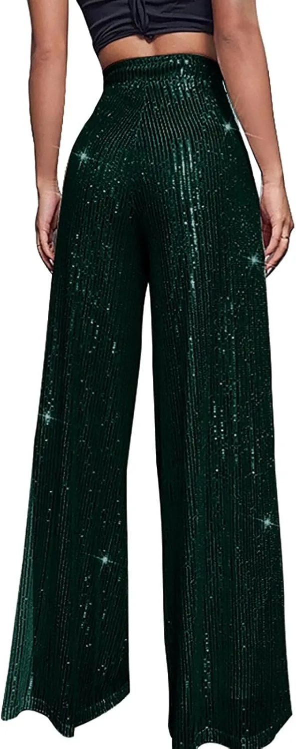 GOKKILRW Sequin Pant for Women Sparkly Glitter High Waist Wide Leg Slacks 70s Disco Party Night Club Trouser Shinny Buttoms