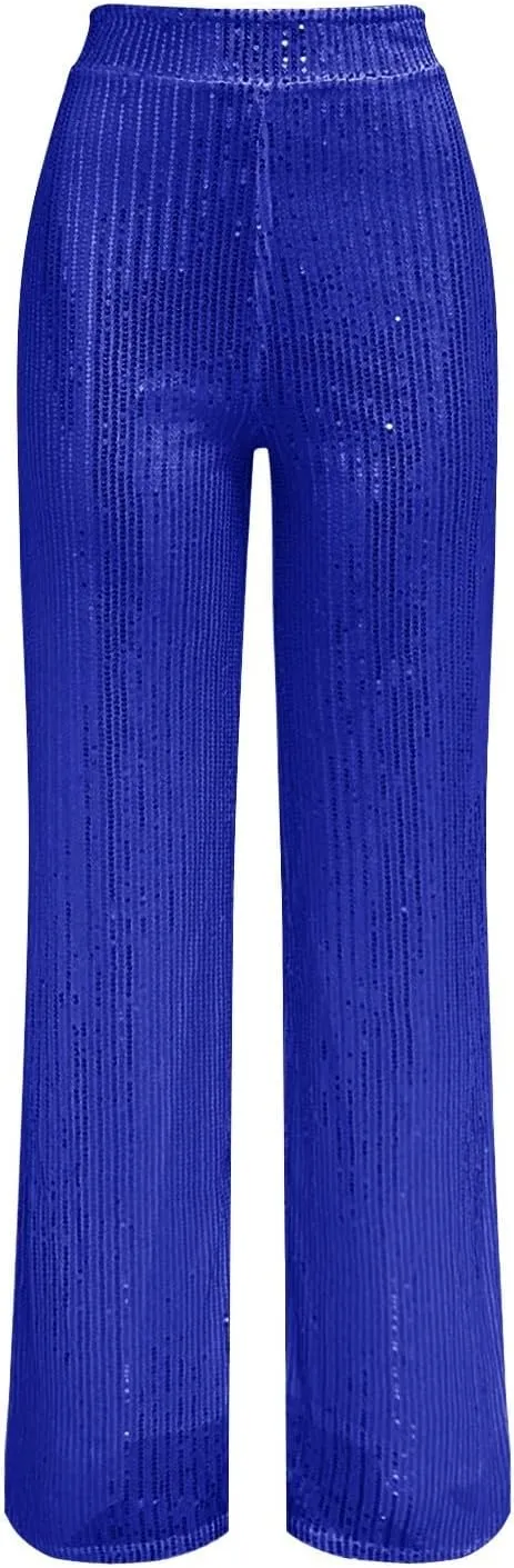 GOKKILRW Sequin Pant for Women Sparkly Glitter High Waist Wide Leg Slacks 70s Disco Party Night Club Trouser Shinny Buttoms