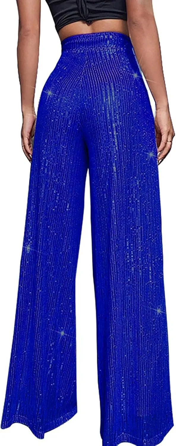 GOKKILRW Sequin Pant for Women Sparkly Glitter High Waist Wide Leg Slacks 70s Disco Party Night Club Trouser Shinny Buttoms