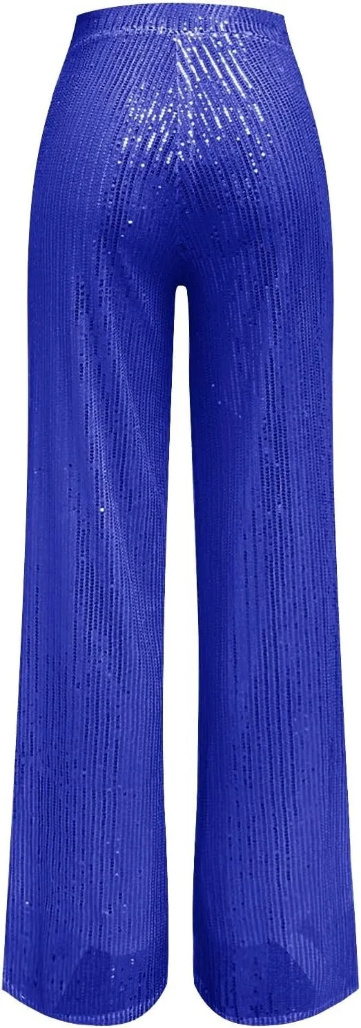 GOKKILRW Sequin Pant for Women Sparkly Glitter High Waist Wide Leg Slacks 70s Disco Party Night Club Trouser Shinny Buttoms