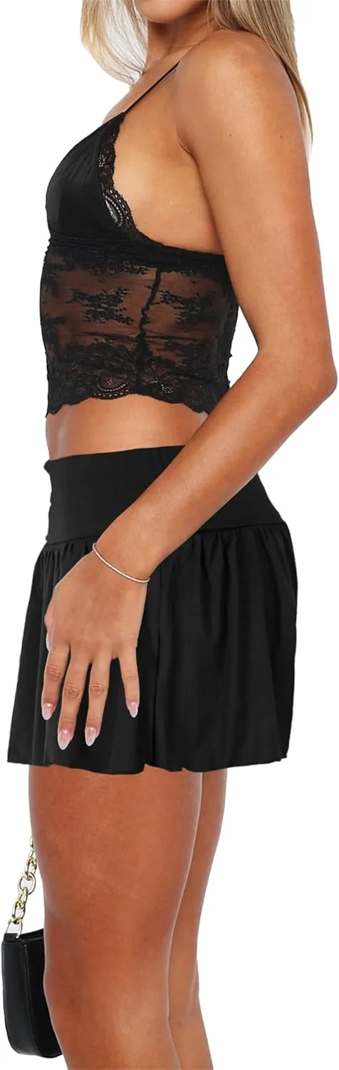 Hafailia Womens Mini Skirt Casual Fold Over Low Waist Pleated Skorts Ruffle Skirts with Shorts Underneath