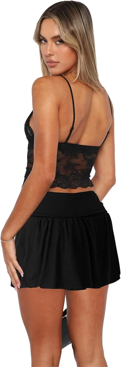 Hafailia Womens Mini Skirt Casual Fold Over Low Waist Pleated Skorts Ruffle Skirts with Shorts Underneath