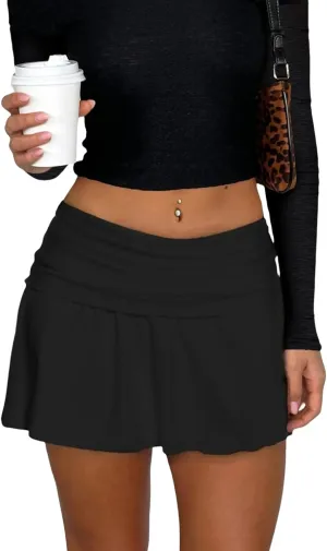 Hafailia Womens Mini Skirt Casual Fold Over Low Waist Pleated Skorts Ruffle Skirts with Shorts Underneath