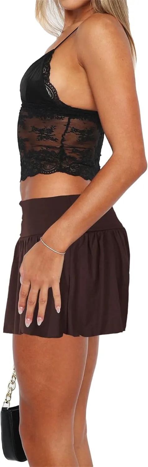 Hafailia Womens Mini Skirt Casual Fold Over Low Waist Pleated Skorts Ruffle Skirts with Shorts Underneath