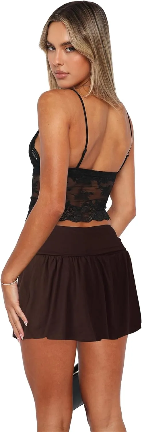 Hafailia Womens Mini Skirt Casual Fold Over Low Waist Pleated Skorts Ruffle Skirts with Shorts Underneath