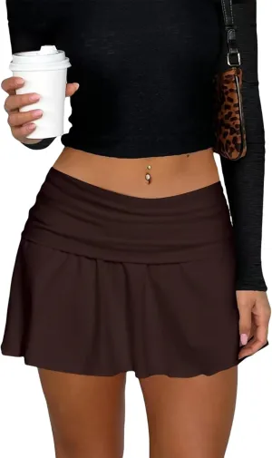 Hafailia Womens Mini Skirt Casual Fold Over Low Waist Pleated Skorts Ruffle Skirts with Shorts Underneath