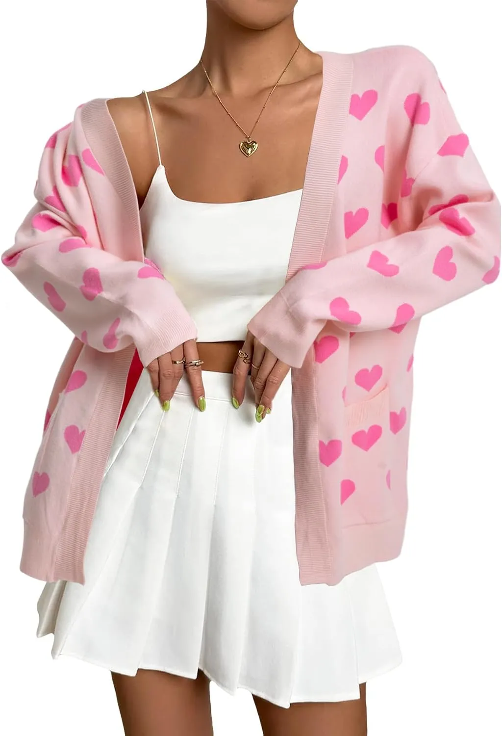 Heart Cardigan Sweater for Women Oversized Valentine Cardigan Cute Love Print Open Front Knit Sweaters Coat with Pockets