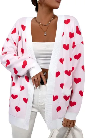 Heart Cardigan Sweater for Women Oversized Valentine Cardigan Cute Love Print Open Front Knit Sweaters Coat with Pockets