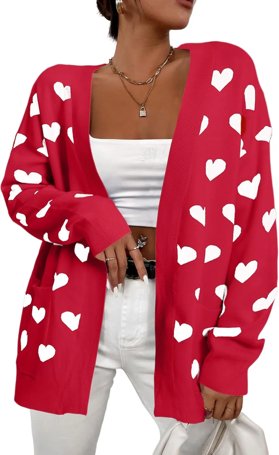 Heart Cardigan Sweater for Women Oversized Valentine Cardigan Cute Love Print Open Front Knit Sweaters Coat with Pockets