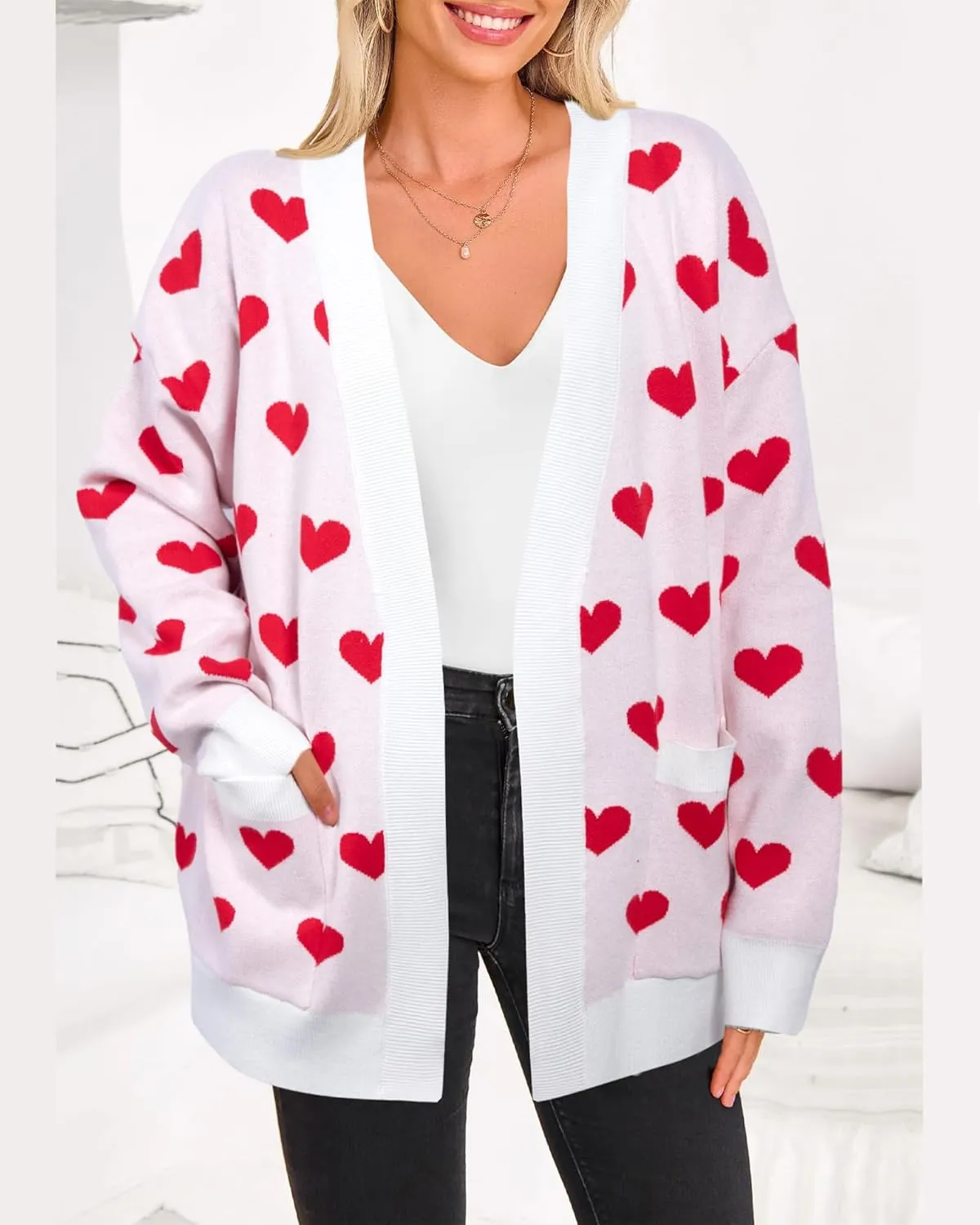 Heart Cardigan Sweater for Women Oversized Valentine Cardigan Cute Love Print Open Front Knit Sweaters Coat with Pockets