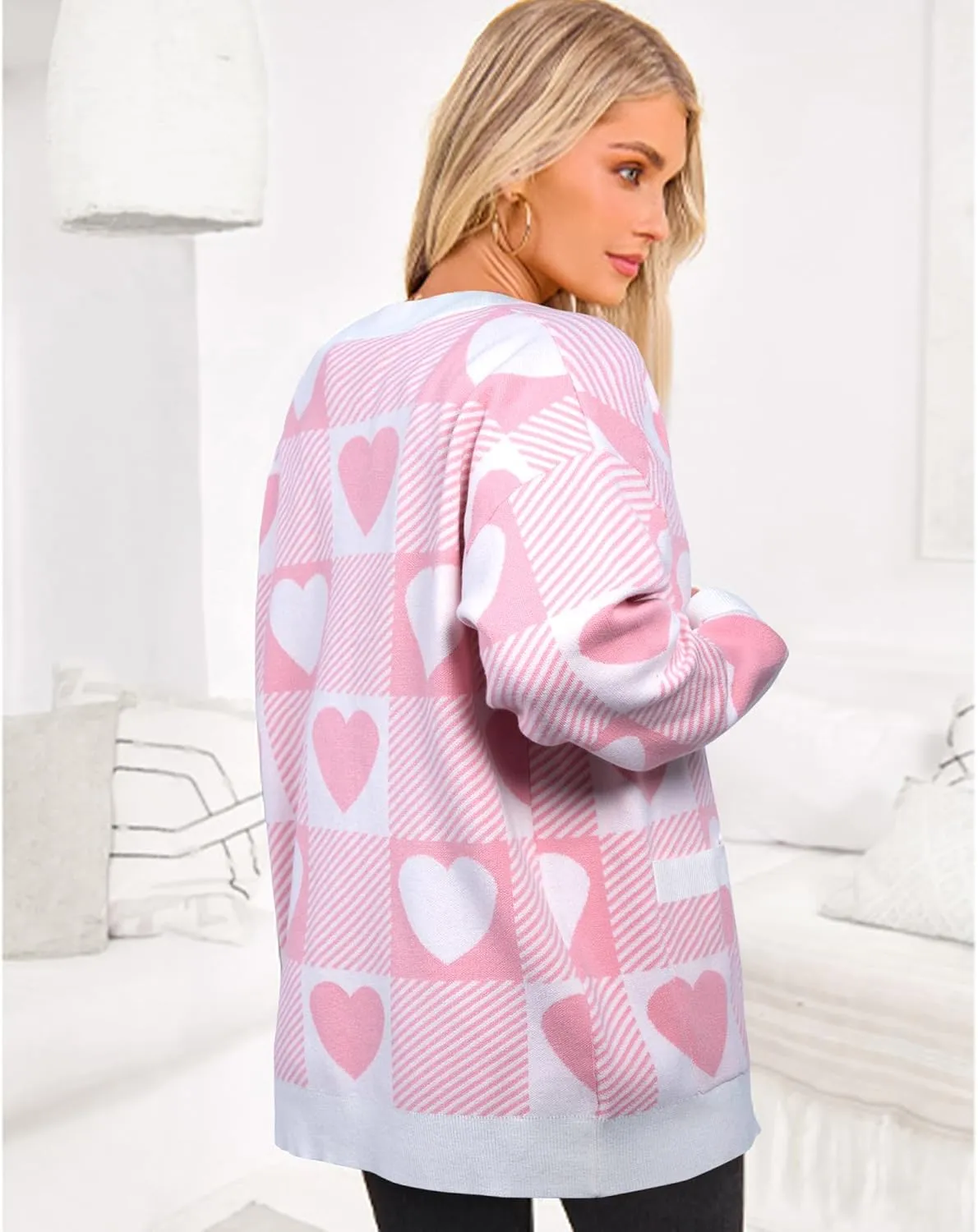 Heart Cardigan Sweater for Women Oversized Valentine Cardigan Cute Love Print Open Front Knit Sweaters Coat with Pockets