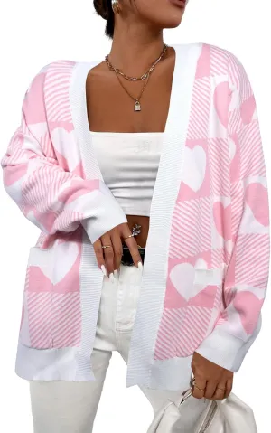 Heart Cardigan Sweater for Women Oversized Valentine Cardigan Cute Love Print Open Front Knit Sweaters Coat with Pockets