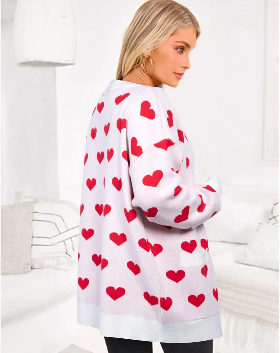 Heart Cardigan Sweater for Women Oversized Valentine Cardigan Cute Love Print Open Front Knit Sweaters Coat with Pockets