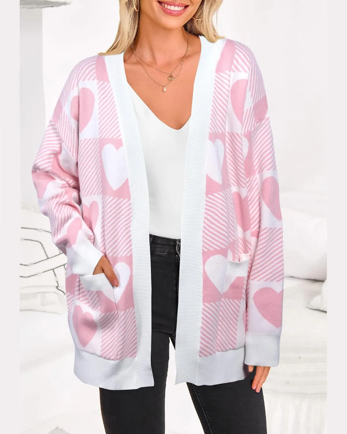 Heart Cardigan Sweater for Women Oversized Valentine Cardigan Cute Love Print Open Front Knit Sweaters Coat with Pockets
