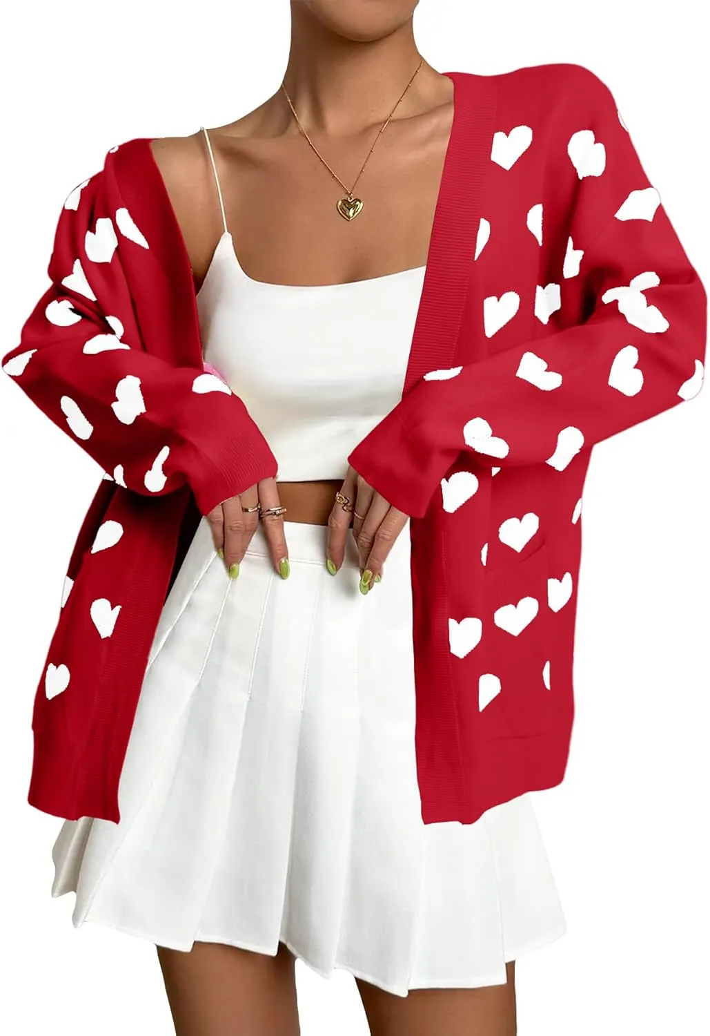 Heart Cardigan Sweater for Women Oversized Valentine Cardigan Cute Love Print Open Front Knit Sweaters Coat with Pockets